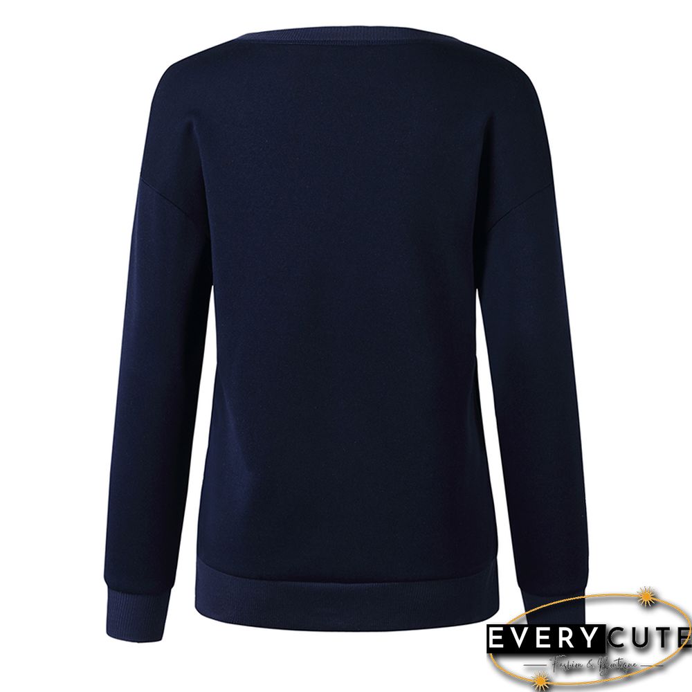 Navy Blue Button up Split Long Sleeve Sweatshirt