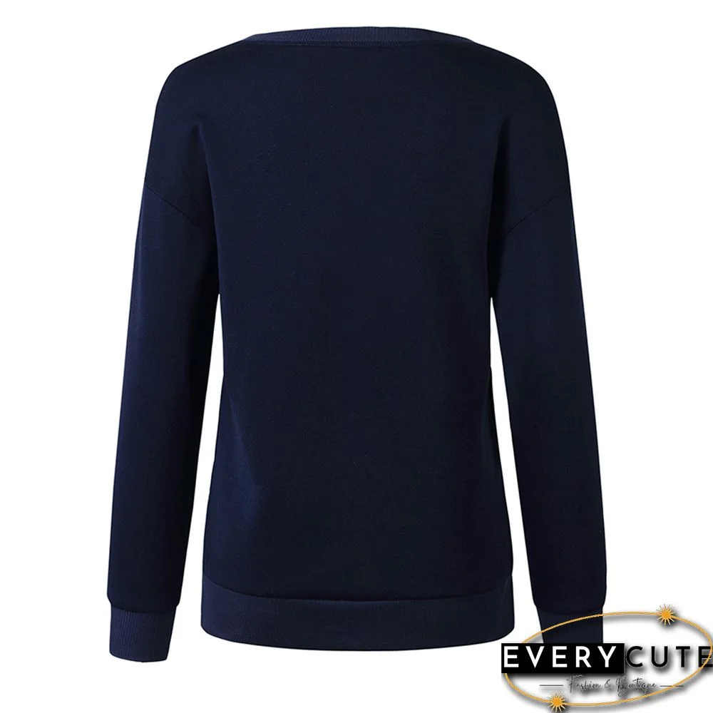 Navy Blue Button up Split Long Sleeve Sweatshirt