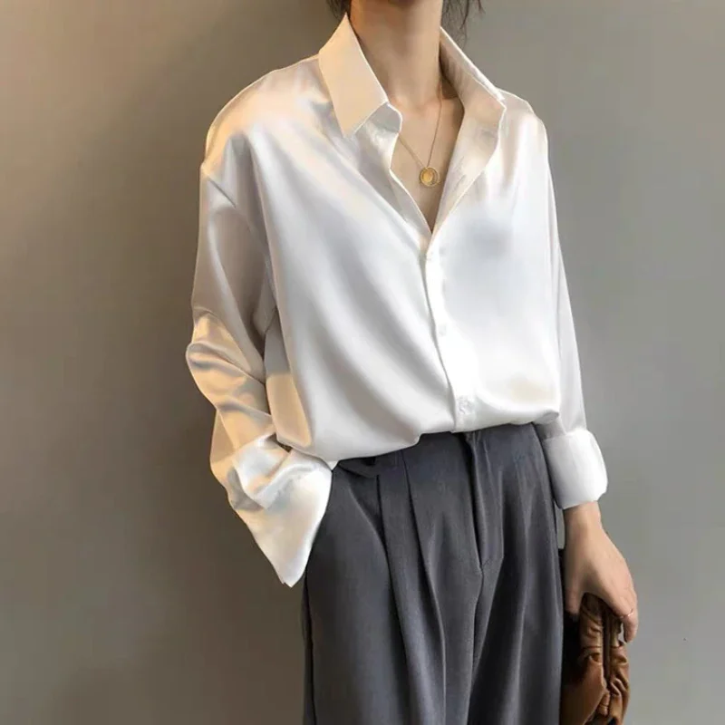 Jangj Spring Autumn Solid Color Satin Shirt Elegant Slim Blouse for Women Loose Open Stitch Tops Korean Turn-Down Collar Clothing