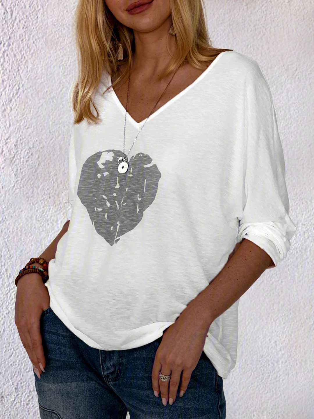Long Sleeve Round Neck Cotton-Blend Printed Tops