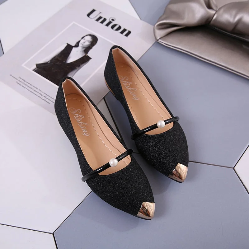 2022 Ladies Party Pearl Pumps Women's High Quality Low-Heeled Shoes Female Sequined Cloth Boat Shoes Women Silver Pointed Shoes