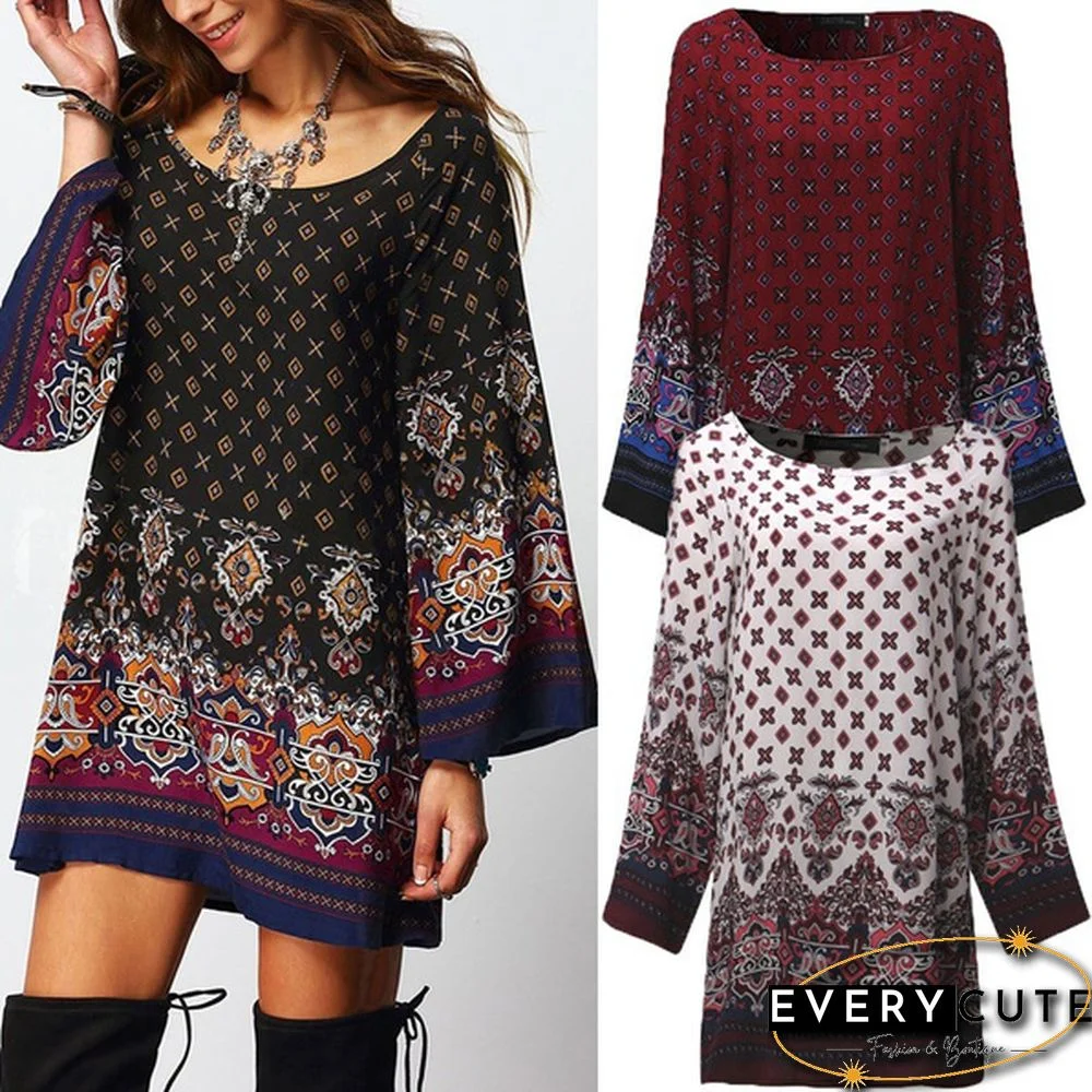Women's Clothing Ladies Floral Printed Loose Casual Long Tops Shirt Mini Dress