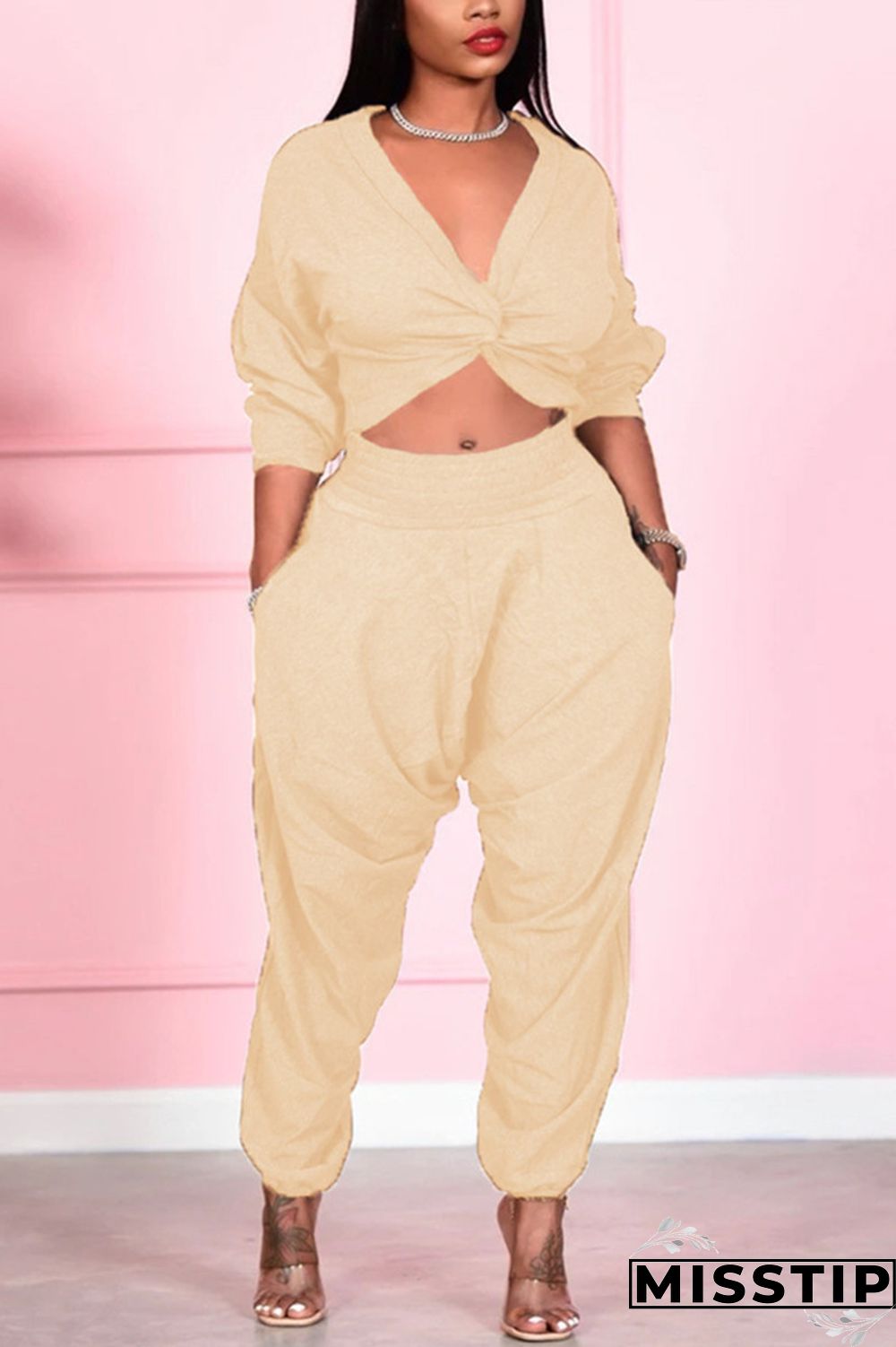 Khaki Sexy Casual Solid Basic V Neck Long Sleeve Two Pieces