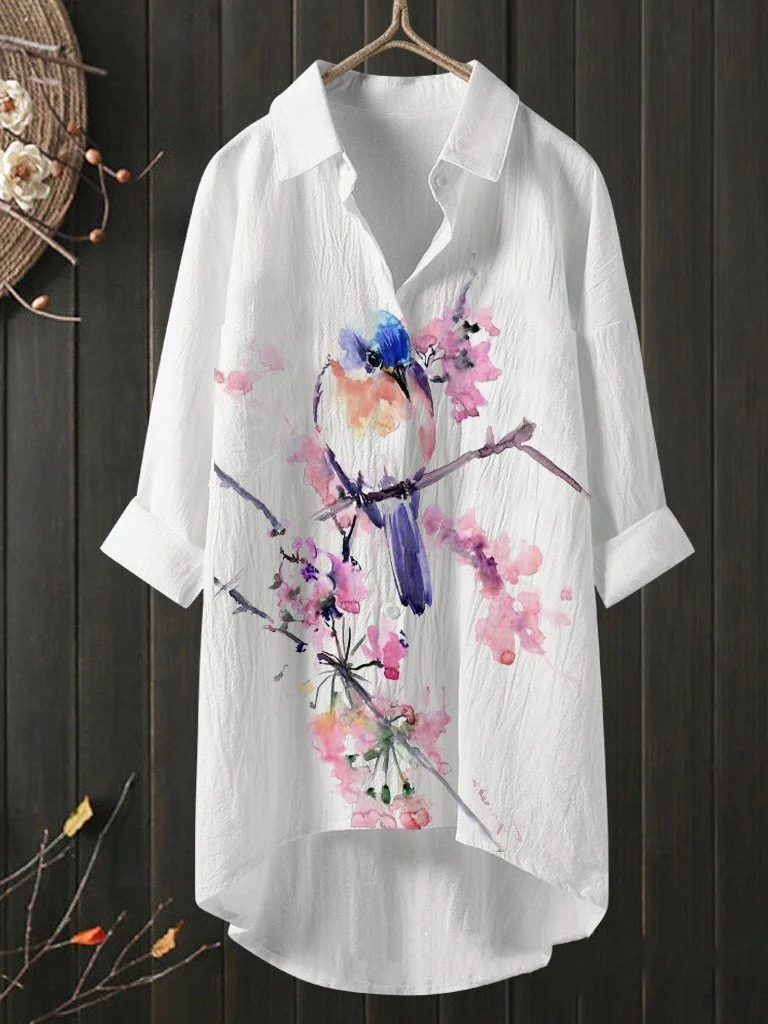 Vintage Floral Print Cotton Linen Long-Sleeved Shirt Top
