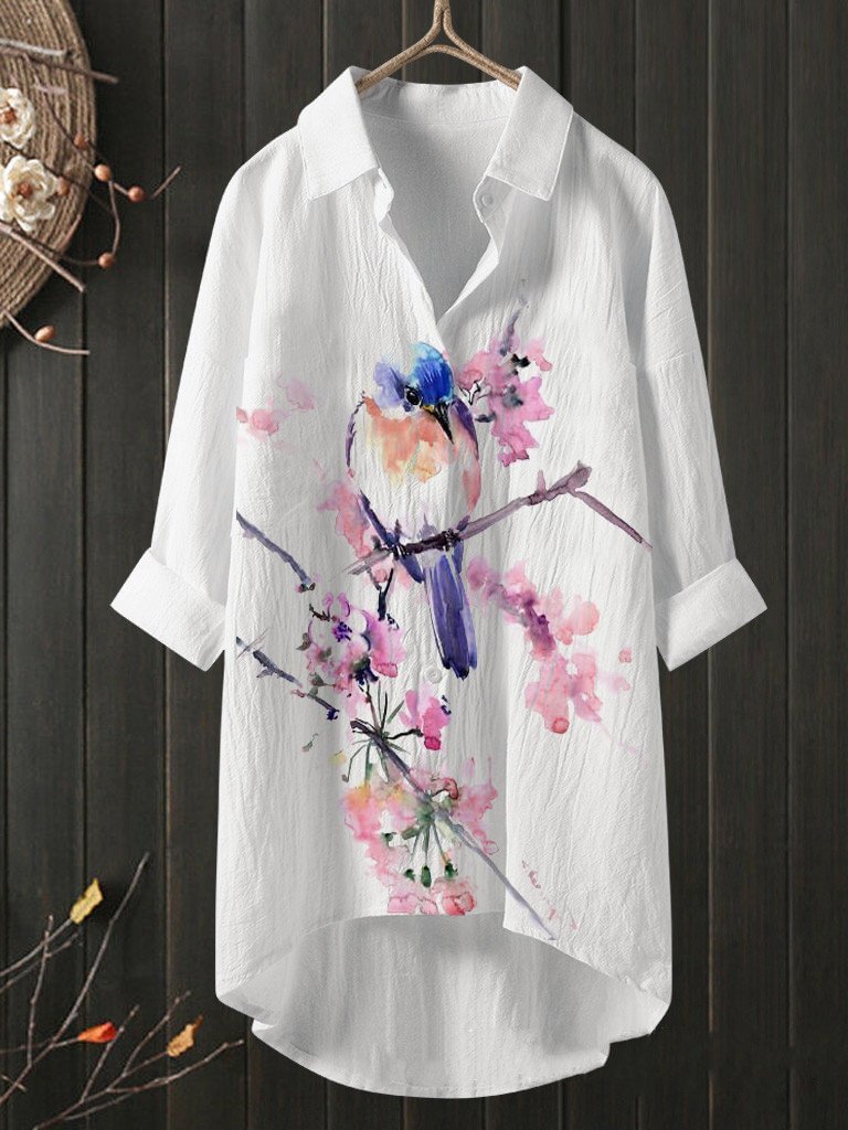 Vintage Floral Print Cotton Linen Long-Sleeved Shirt Top
