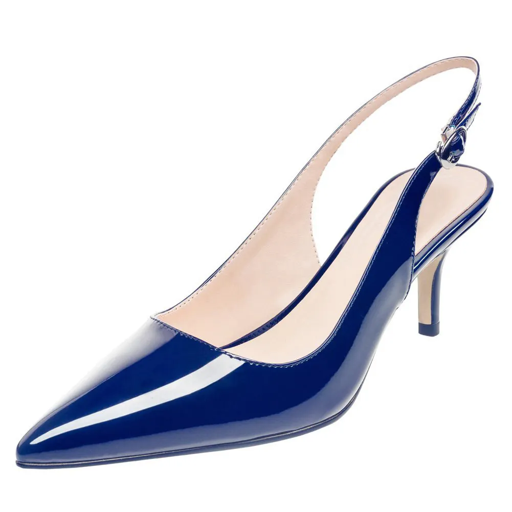 Women's Pointed Toe Slingback Shoes Kitten Heel Pumps Comfortable Dress Blue Patent Shoes-vocosishoes