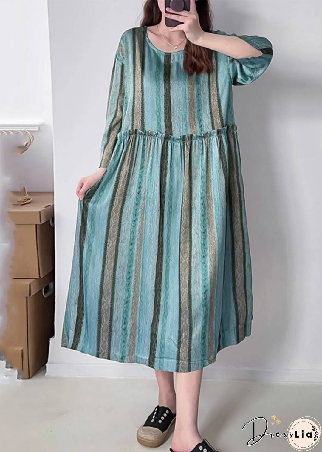 Green O-Neck Ruffled Wrinkled Silk Cotto Maxi Dress Spring
