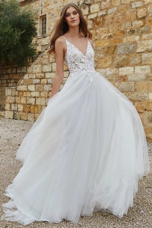 New Arrival Spaghetti-Straps Tulle Lace Wedding Dress A-line Summer Bridal Gowns - lulusllly