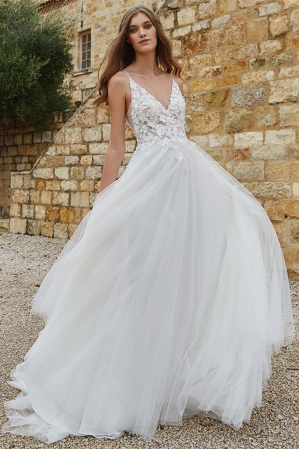 Luluslly Spaghetti-Straps Tulle Lace Wedding Dress A-line Summer Bridal Gowns