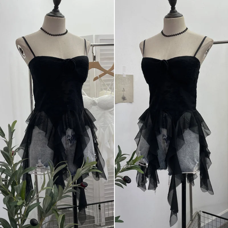 Uveng Sleeveless Vest Women With Chest Pads With Tectoral Lace Slings Irregular Ribbon Short Coat 1106