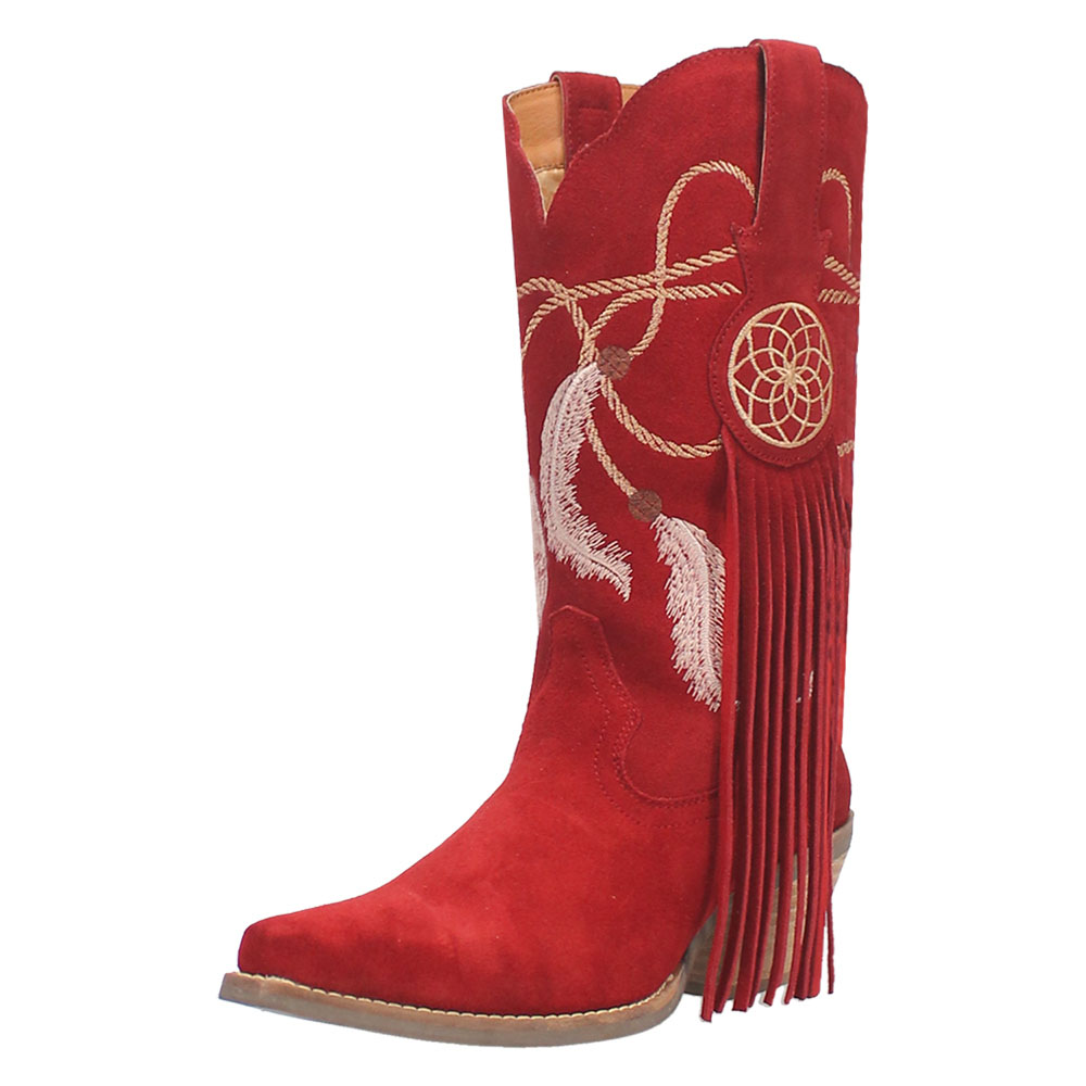 Red Snip Toe Feathery Embroidered Mid-Calf Cowgirl Boots with Fringe Nicepairs