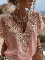 Women's Vintage Floral Embroidered Art V-neck Short Sleeve Linen Blend T-shirt