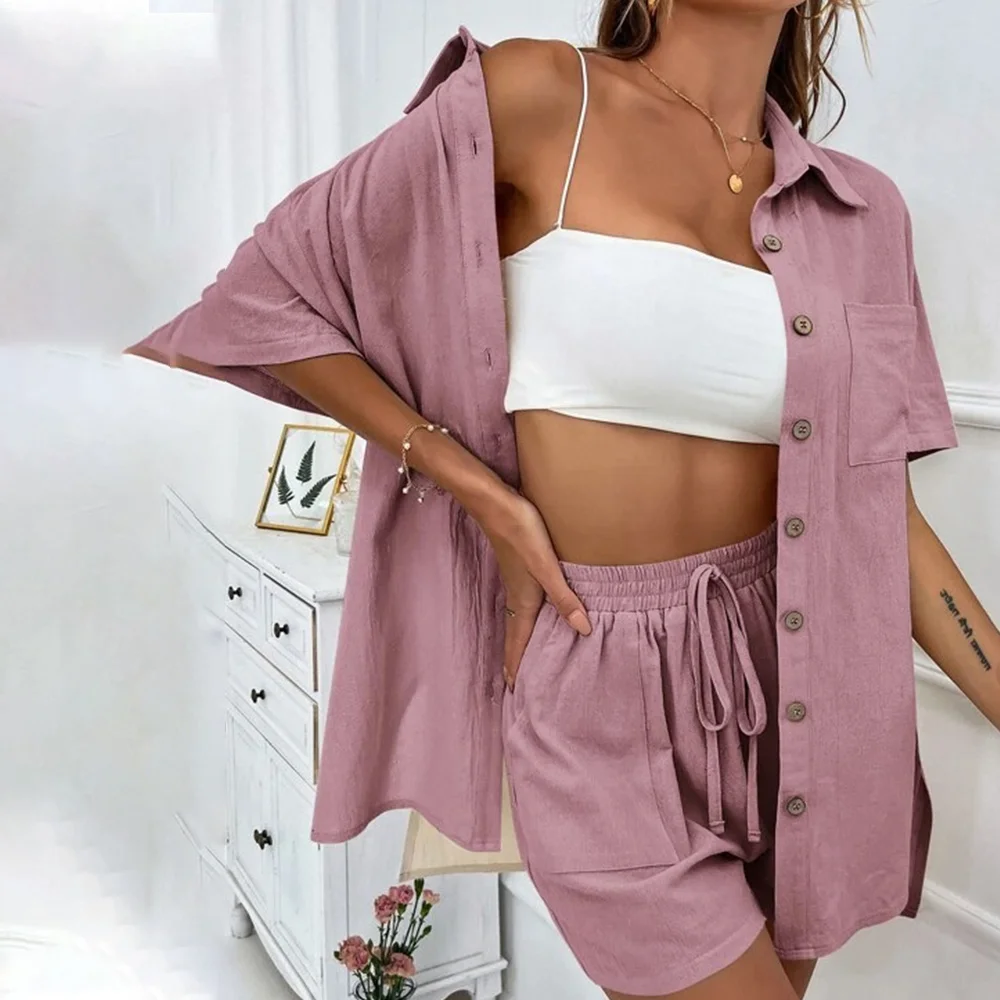 Smiledeer Summer Ladies Casual Loose Solid Color Shirt Shorts Two-Piece Suit