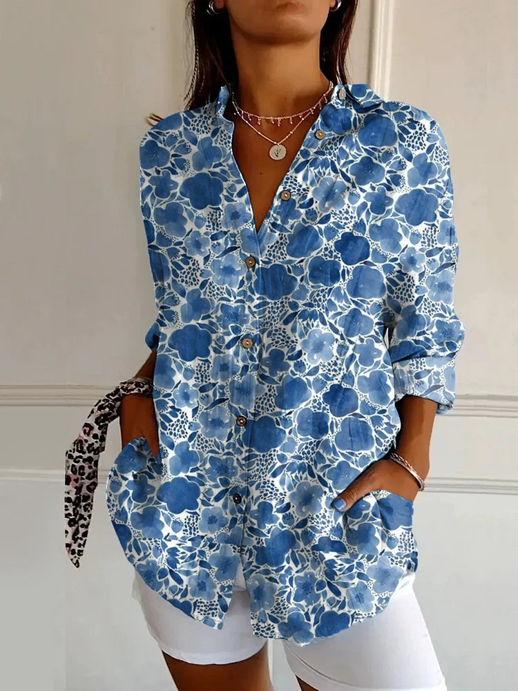 Blue Floral Print Casual Long Sleeve Shirt