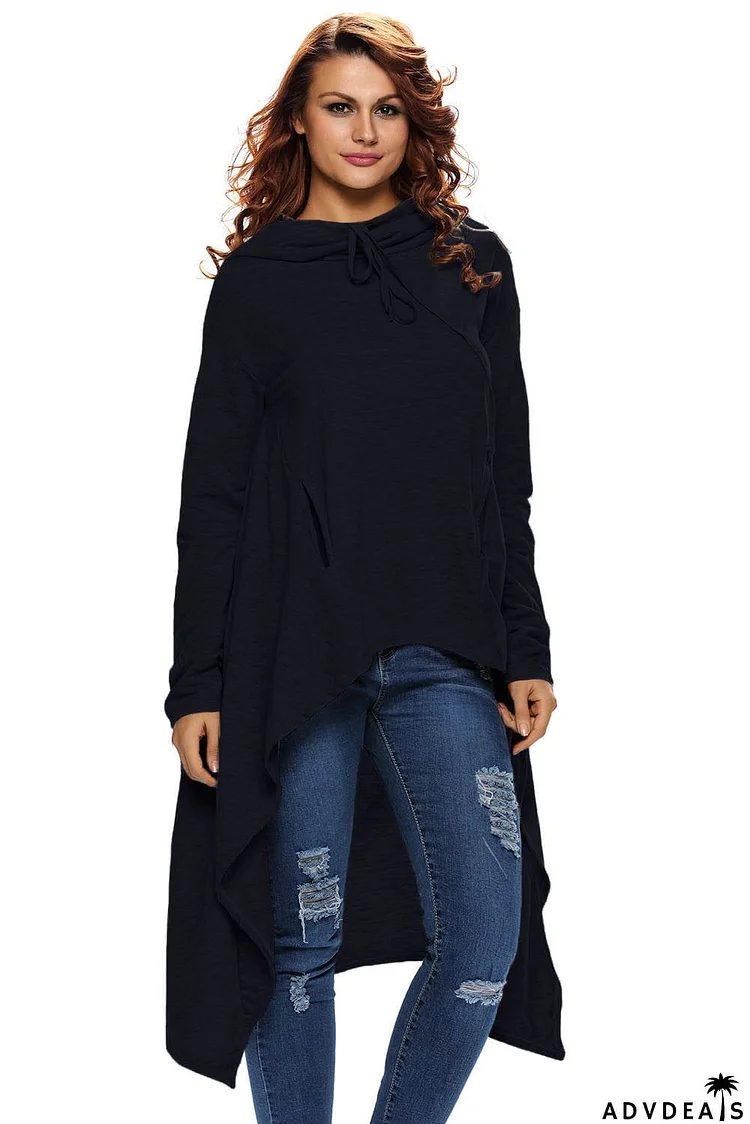 Navy Blue Plain Drawstring Irregular Oversize Hoodie