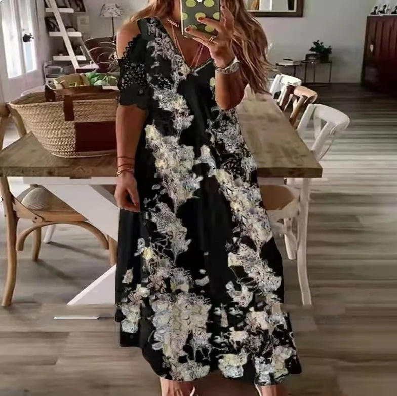 Long Bohemian Dress with Short Sleeve Lace Printing Black Dresses