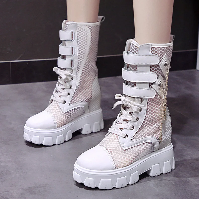 Chunky Platform Motorcycle Boots Women 2022 Summer Breathable Air Mesh Mid Calf Boots Woman Punk Height Increasing Shoes