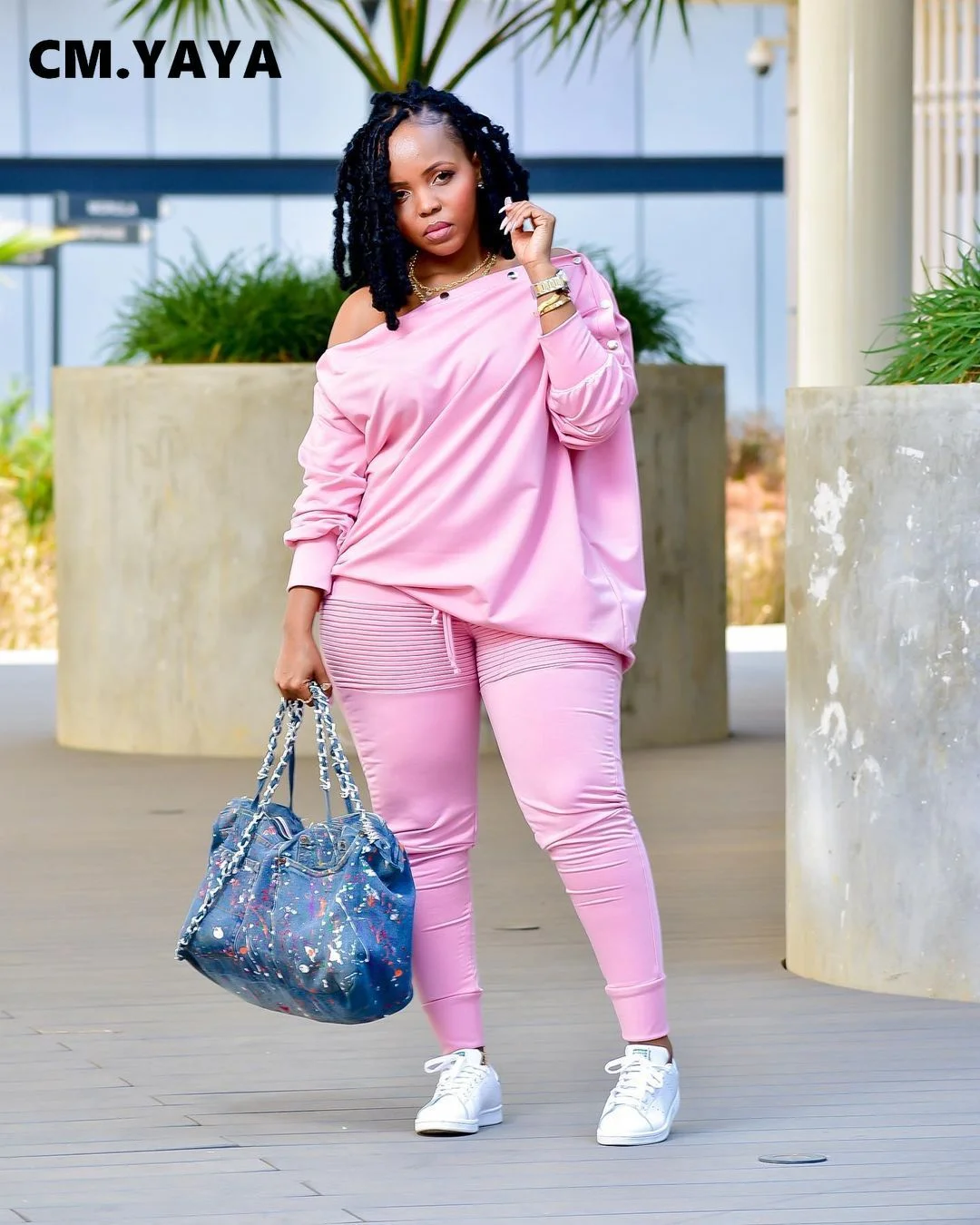 CM.YAYA Autumn Winter Elegant Women's Set Button Up Slash Neck Tops and Draped Pants Tracksuit Two Piece Set Fitness Outfits