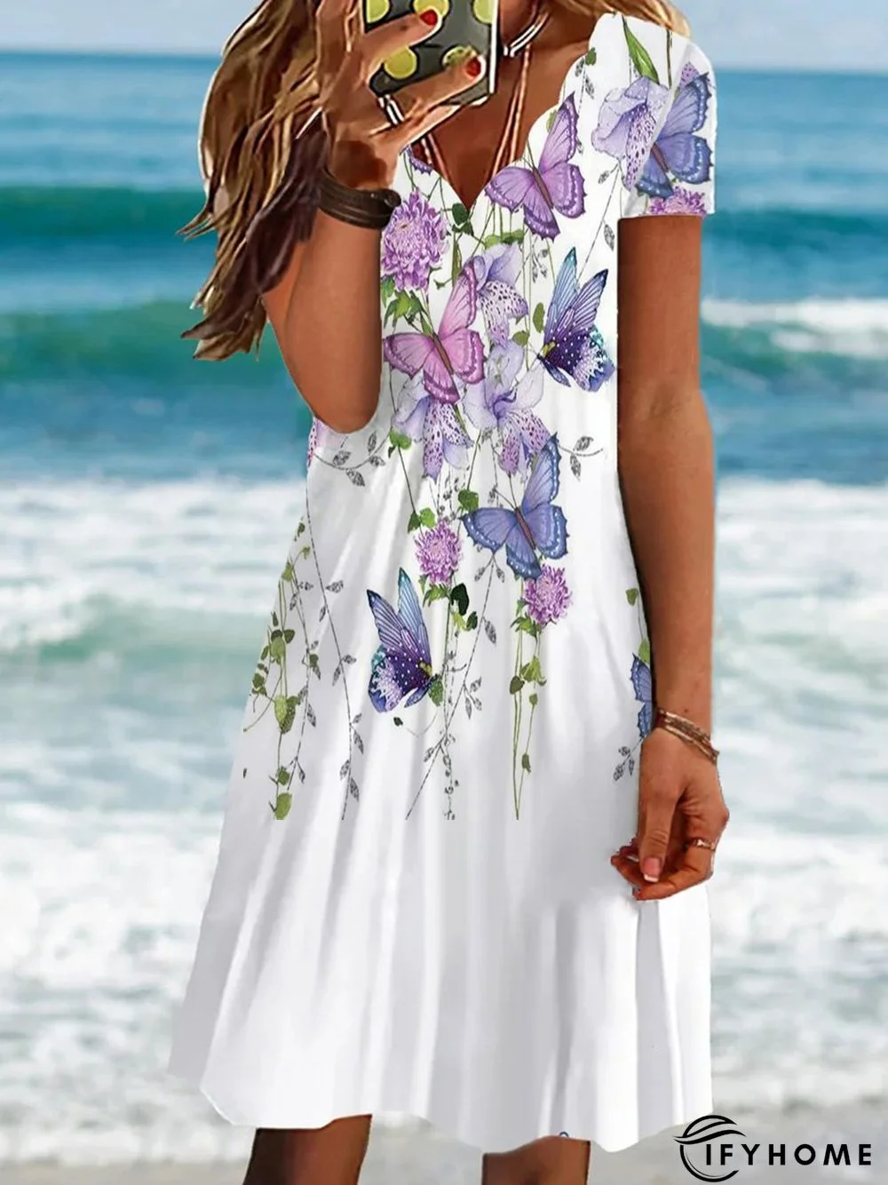 Floral Casual Short Sleeve A-line Dress | IFYHOME