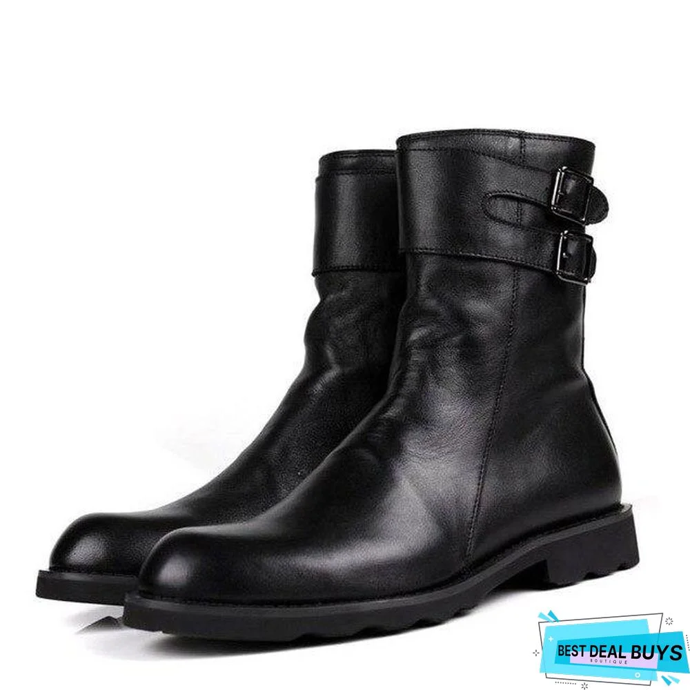 Buckle Design Mens Punk Motorcycle Boots Luxury Genuine Leather Flats Shoes Male High Top Casual Zip Boots