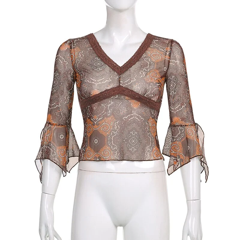 Autumn Lace Floral Mesh Tops Women Vintage Half Flare Sleeve V Neck T-Shirts Female Elegant Slim Brown Tee Shirts Mujer