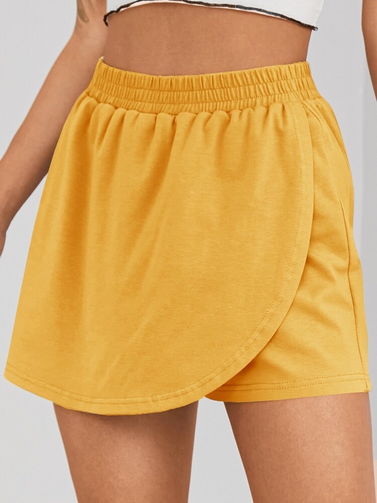 Solid Color Stitching Hem Elastic Waist Casual Shorts For Wmen - Shop Trendy Women's Fashion | TeeYours