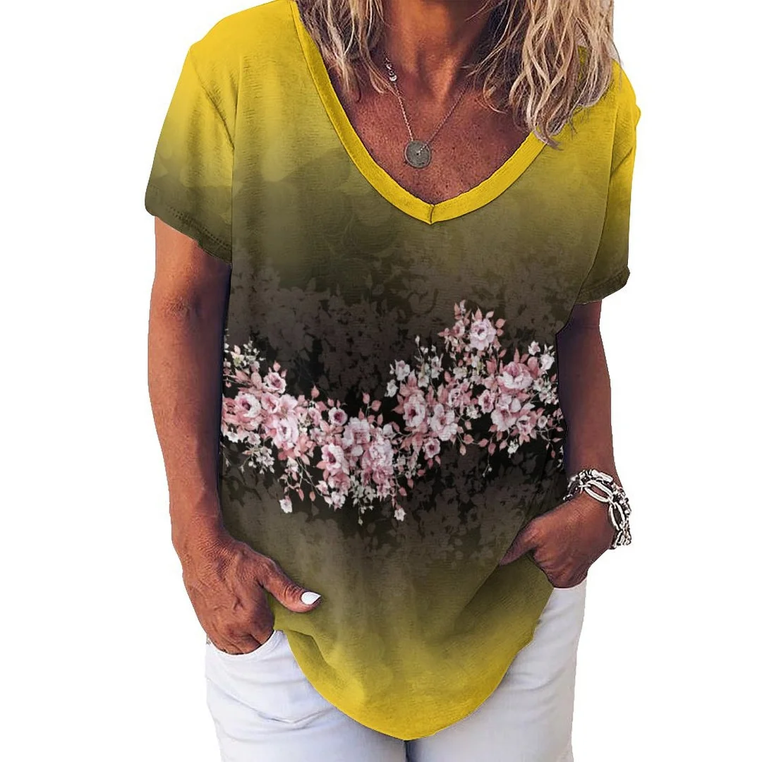 V-neck Short Sleeve Casual T-shirt for  Women Printed with Pattern Floral, Yellow, Pink