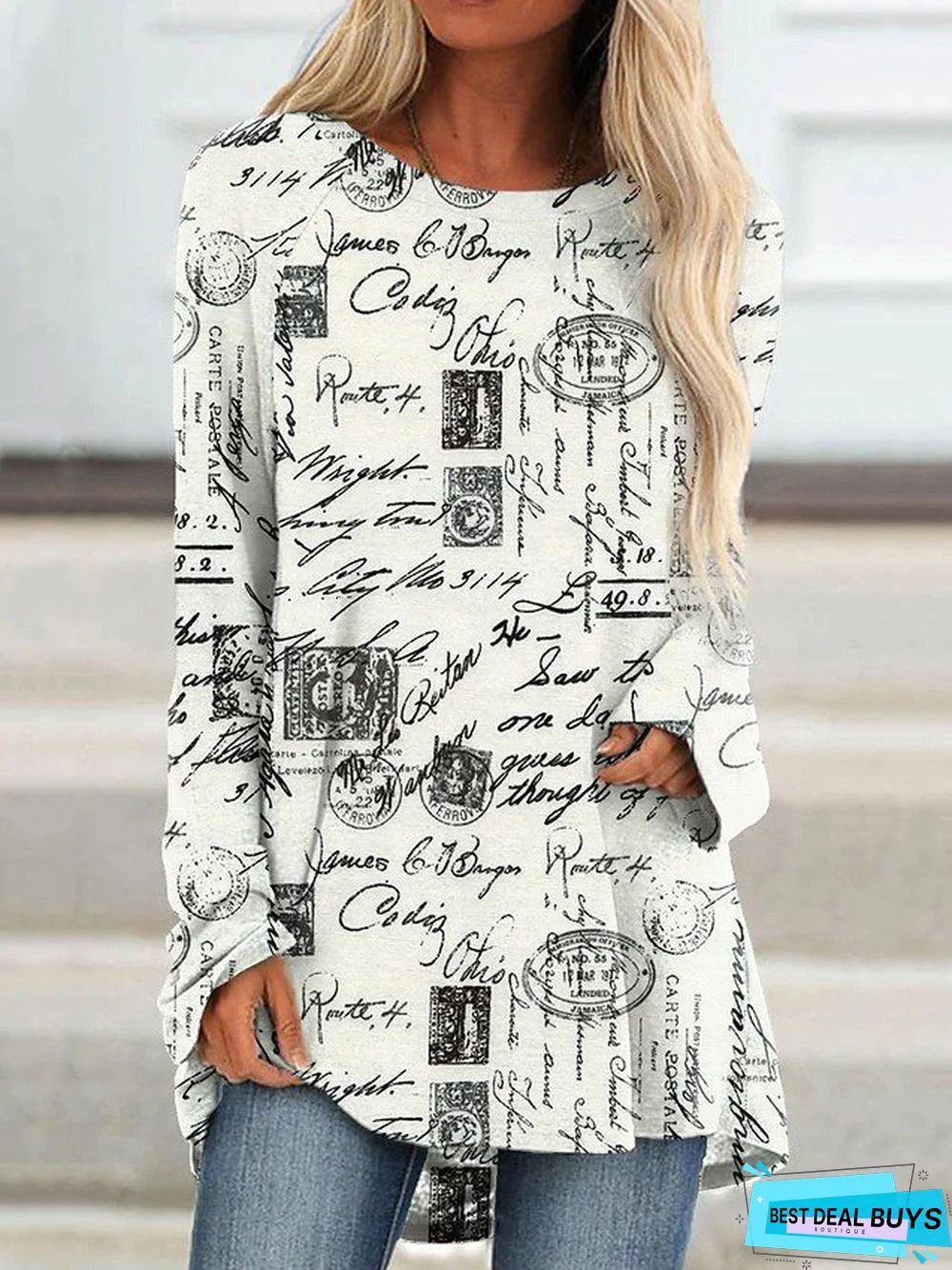 White Casual Posters Printed Long Sleeve Shift Tunic T-Shirt