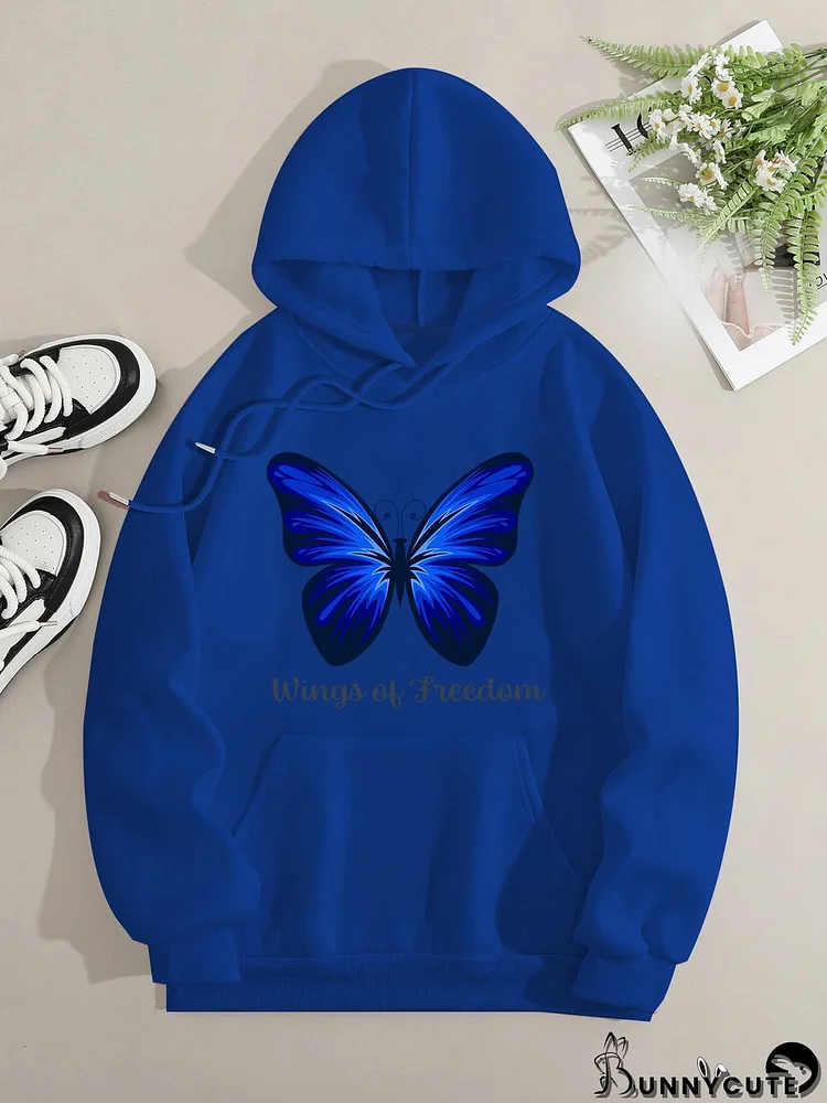 Printed on front Kangaroo Pocket Hoodie Long Sleeve for Women Pattern Butterfly Wings of Freedom