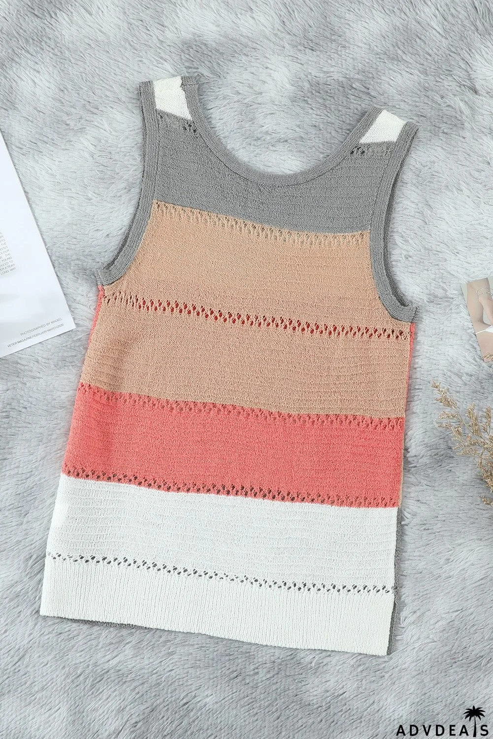 Summer Multicolor Color Block Round Neck Knitted Tank Top