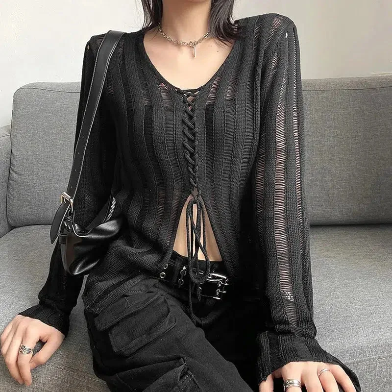 Brownm Grunge Sheer Lace Up Knitted Top
