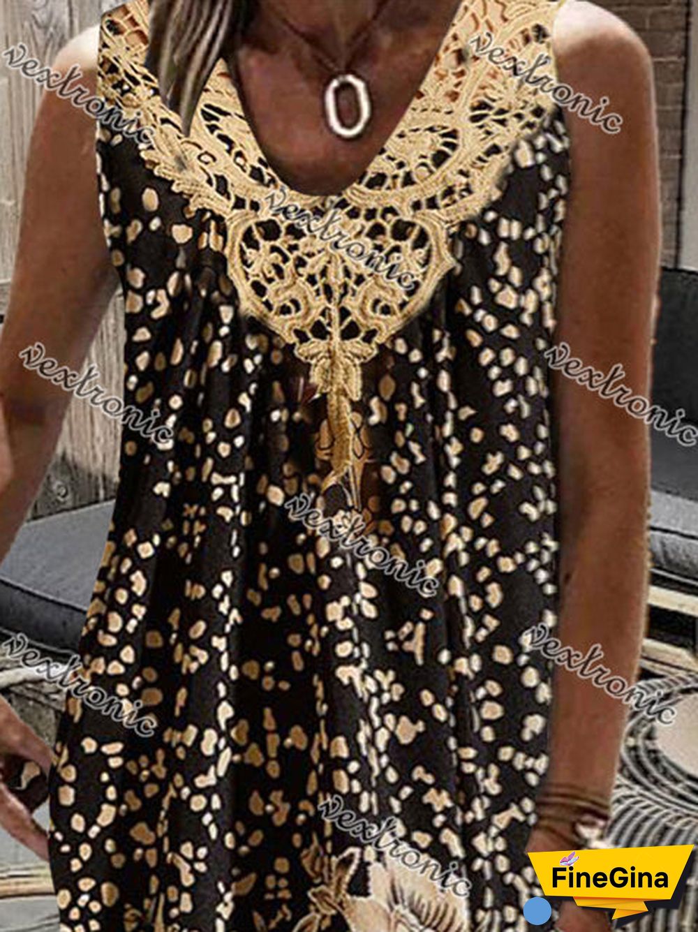 Women's Gold V-Neck Sleeveless Floral Printed Midi Dress