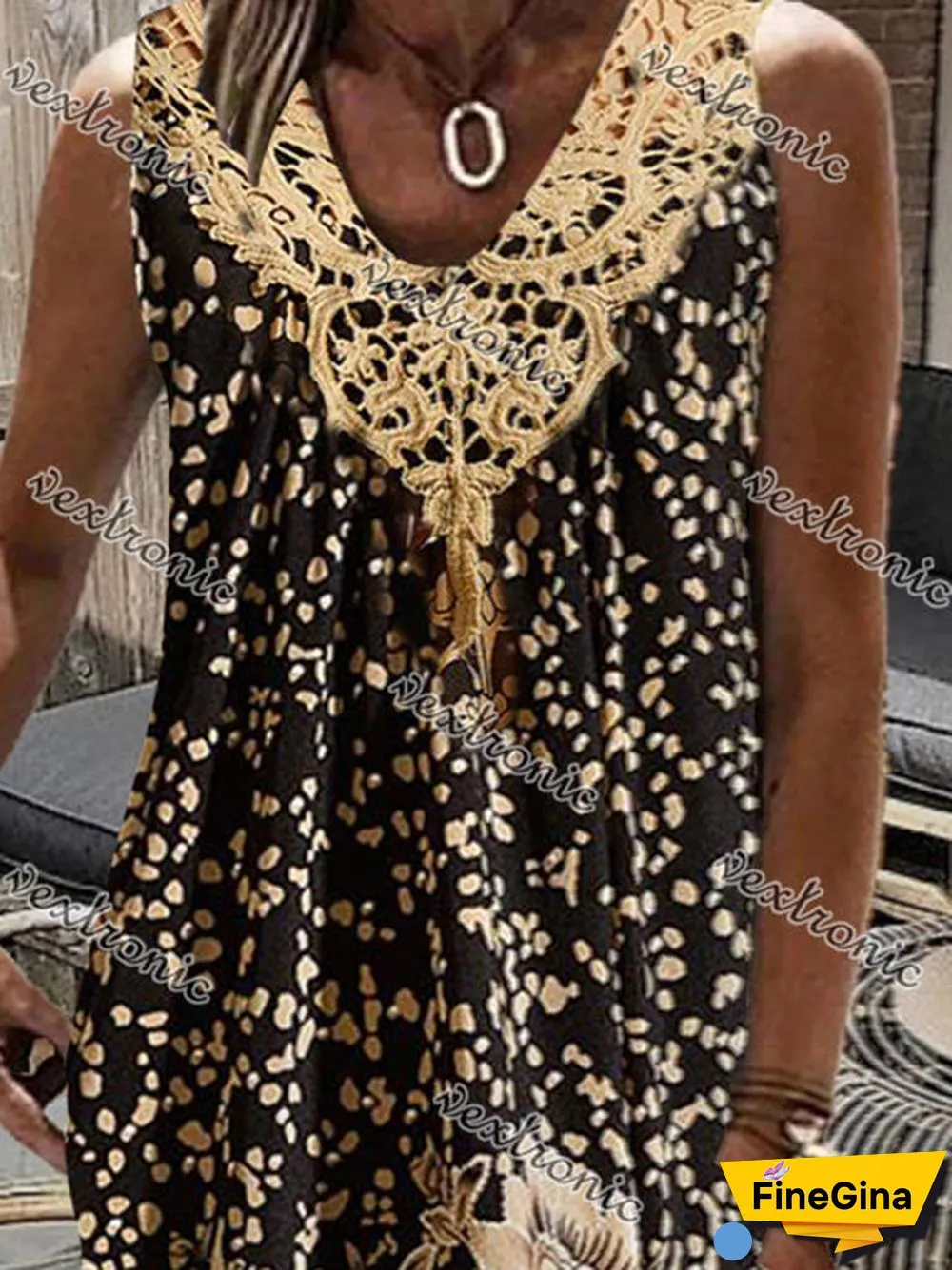 Women's Gold V-Neck Sleeveless Floral Printed Midi Dress