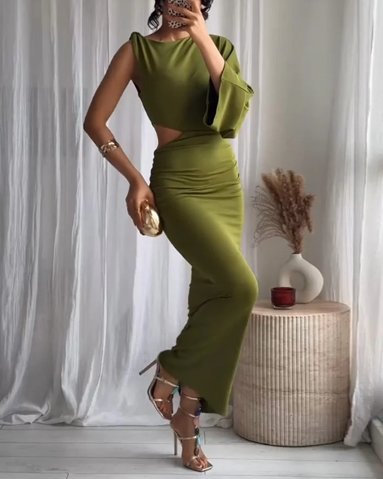One shoulder hollow solid color dress