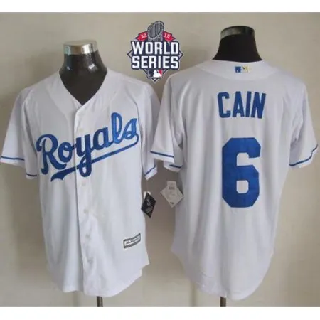 Royals #6 Lorenzo Cain White New Cool Base W/2015 World Series Patch Stitched MLB Jersey