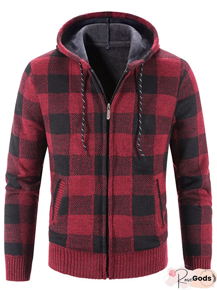 Men's Plaid Color Matching Hooded Loose Long Sleeve Sweater Coat