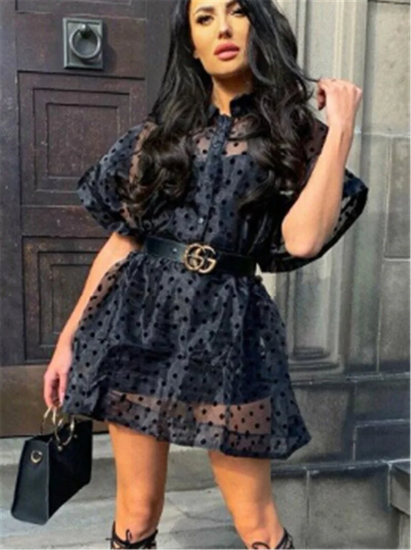 Mesh Polka Dot Shirt Dress Sexy See-through Women Sheer Mini Dress Fashion Batwing Sleeve Lace-up Waist Dress Flare Mini Dress