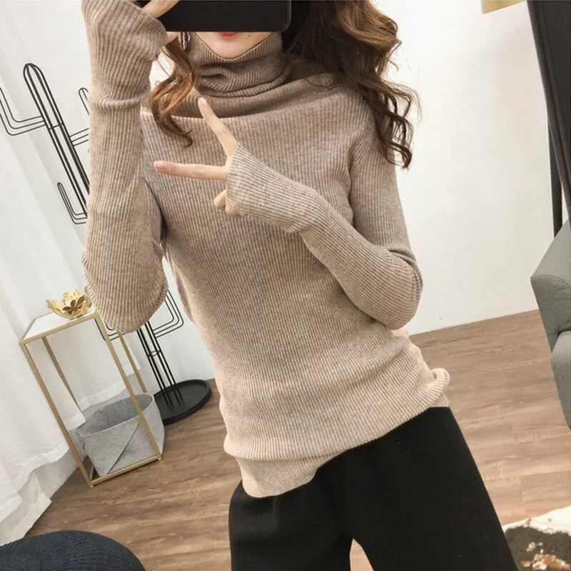 2020 Autumn Winter warm Sweater Women Knitted Ribbed Pullover Sweater Long Sleeve Turtleneck Slim Jumper Soft Warm Pull Femme