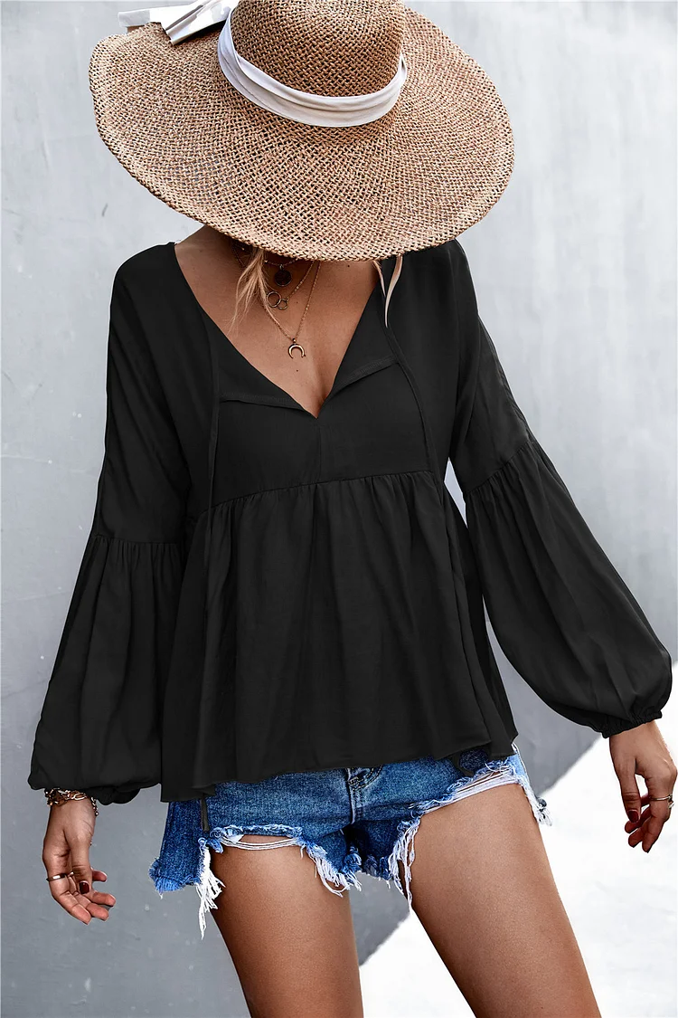 Solid Color V-Neck Lantern Sleeve Tie Loose Shirt Top