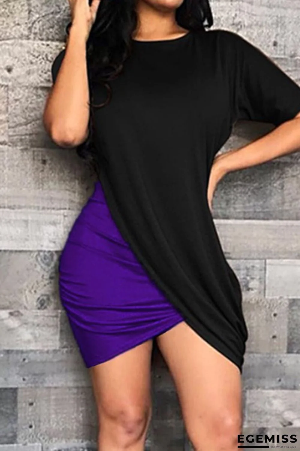 Purple Fashion Casual Patchwork Asymmetrical O Neck Short Sleeve Dress | EGEMISS