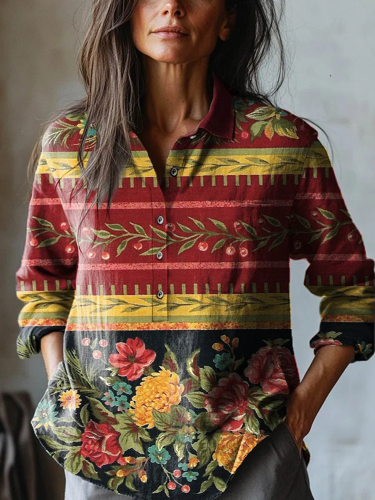 Women's Vintage Lovely Floral Art Print Casual Cotton And Linen Shirt