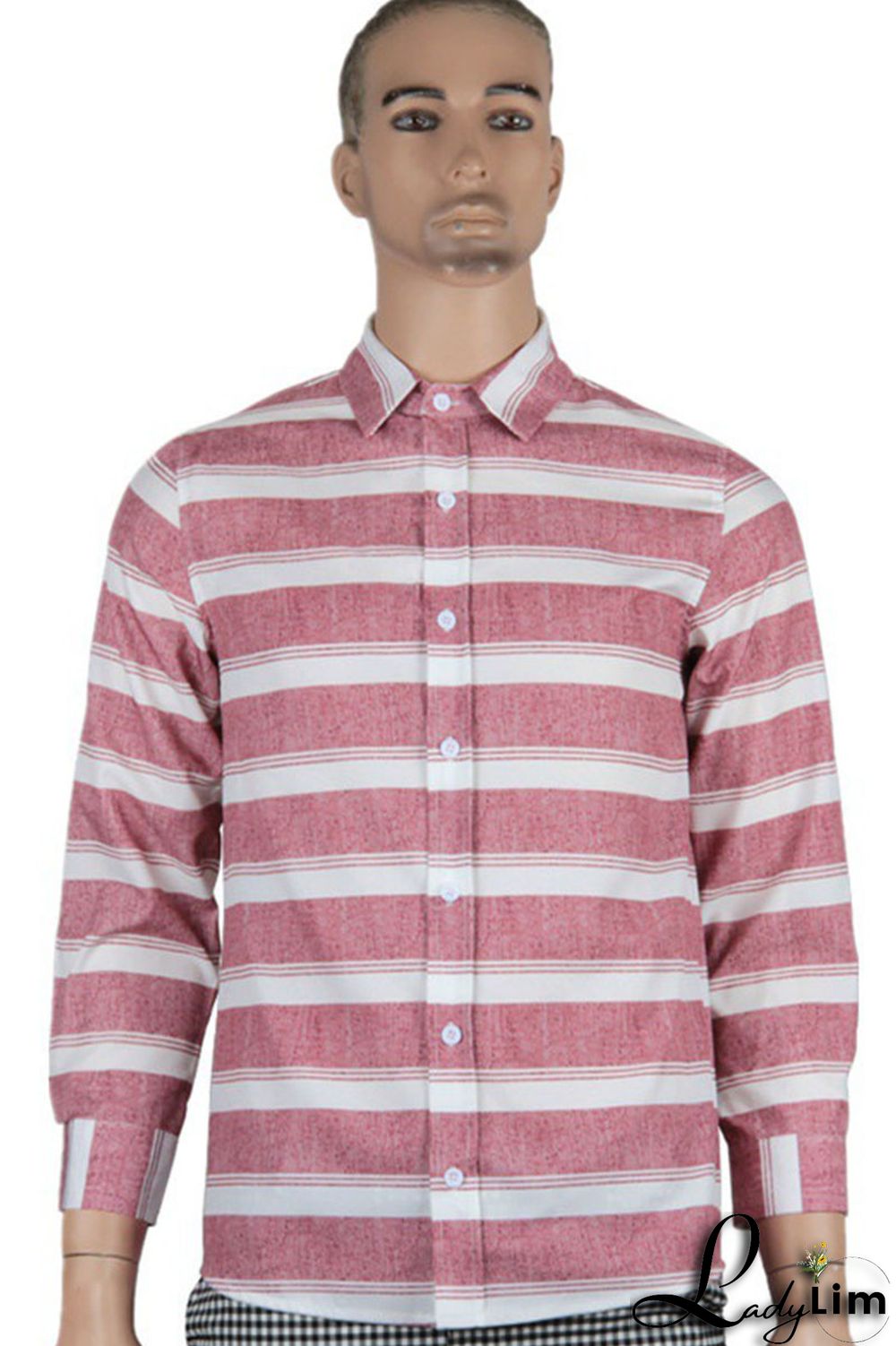 Blue Casual Striped Print Split Joint Buckle Turndown Collar Tops