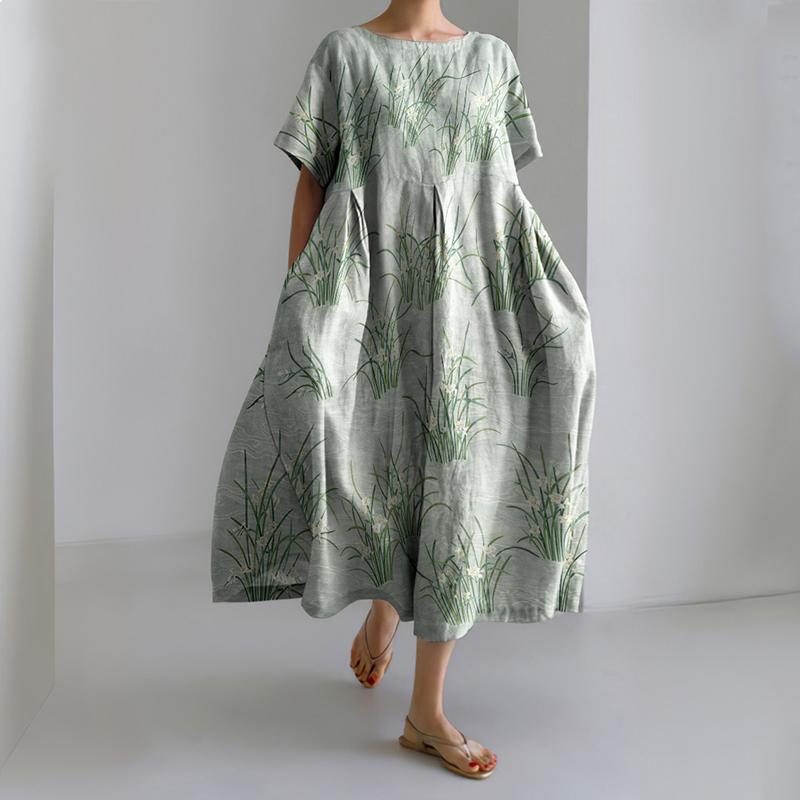 Women's Japanese Flower Art Short Sleeve Midi Dress artswardrobe