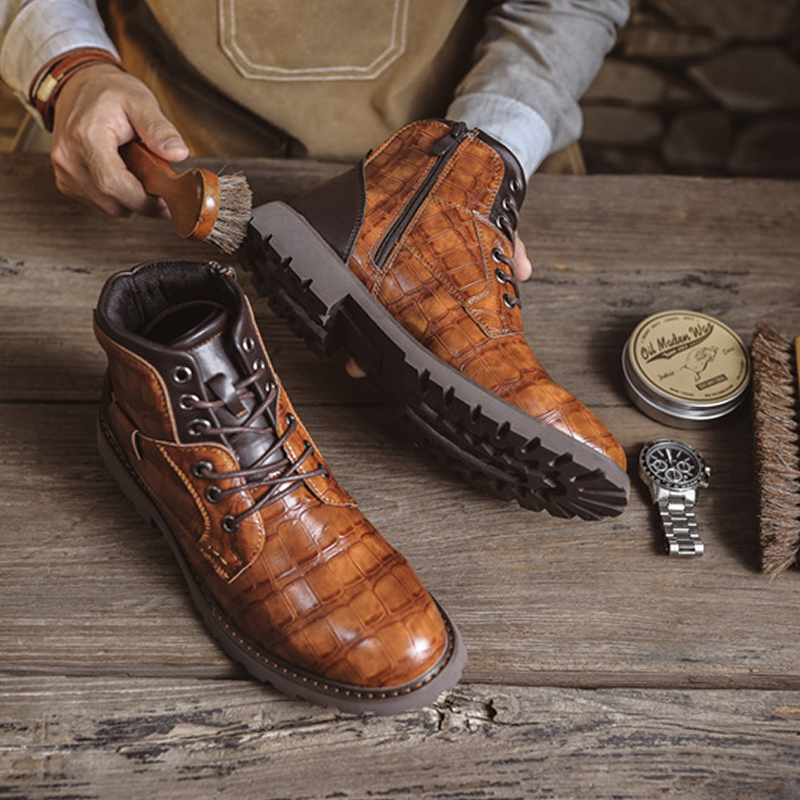 Men's Waterproof Wear-resistant Stitching Lace-up Crocodile Pattern Upper Low-cut Work Boots