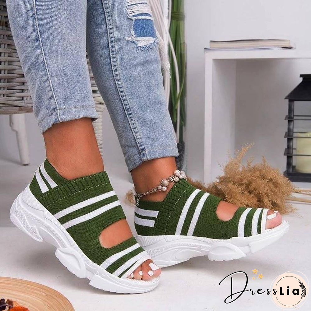 New Women Sandals High Heels Platform Women Shoes Summer Casual Female Sneakers Knitting Slip On Peep Toe Women Sandals
