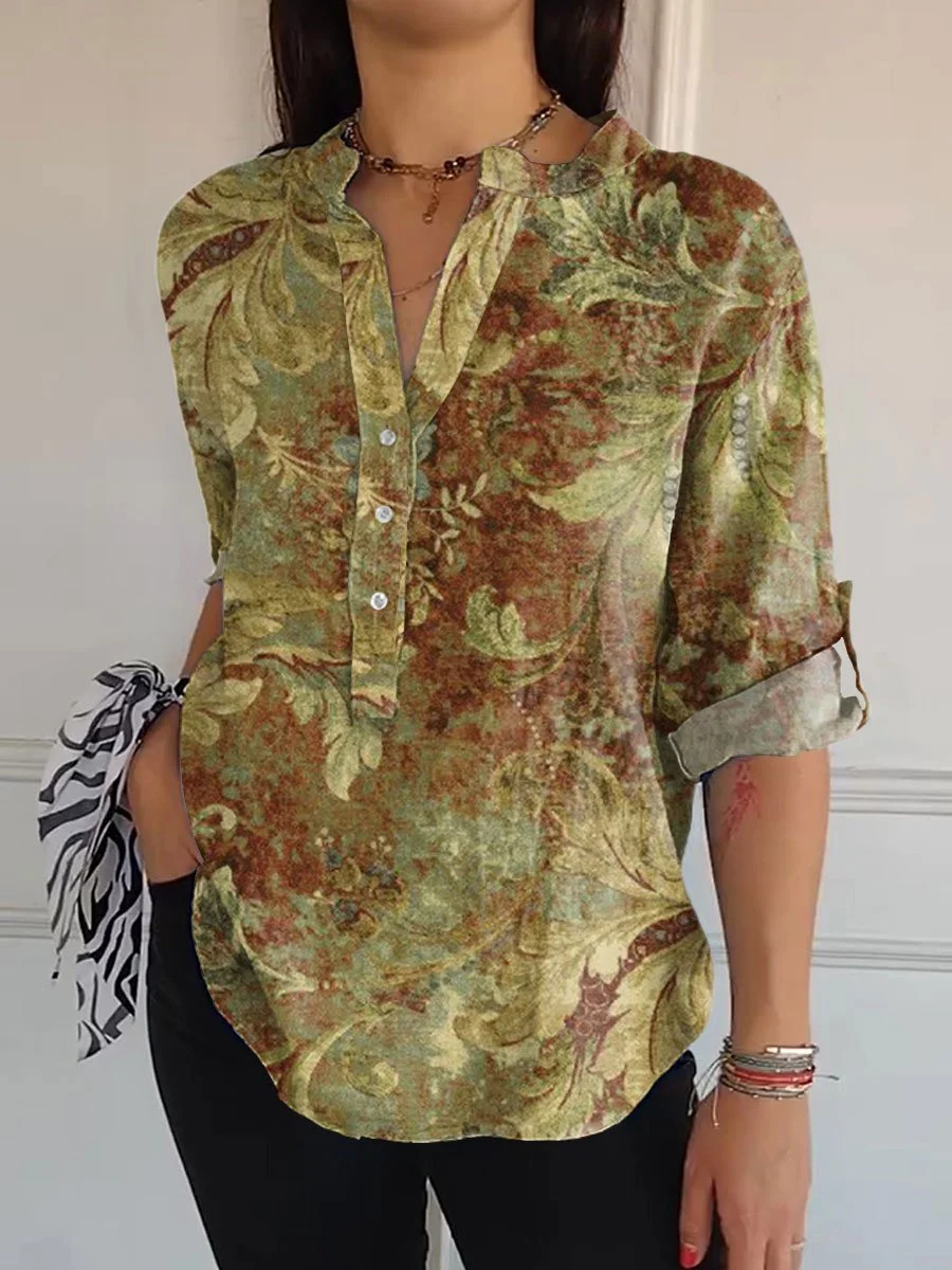 Women's Flowers Art  Print Casual Long Sleeve Comfortable Cotton Shirt