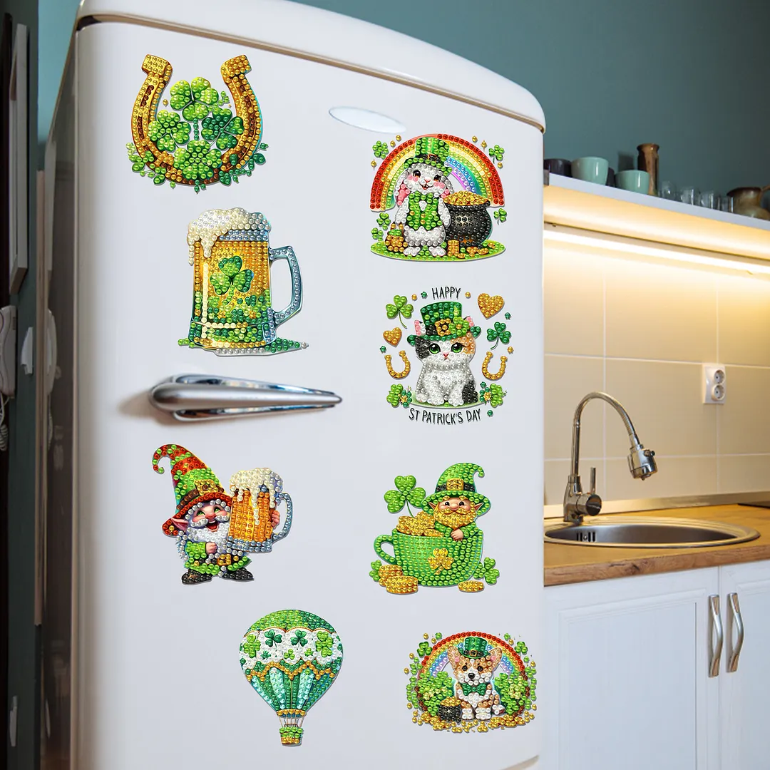 12Pcs Happy St Patricks Day DIY Diamond Art Fridge Magnet Refrigerator Sticker Diamond Art Stickers Refrigerator Painting Kits for Beginners Adults DIY Craft Gifts Home Decors