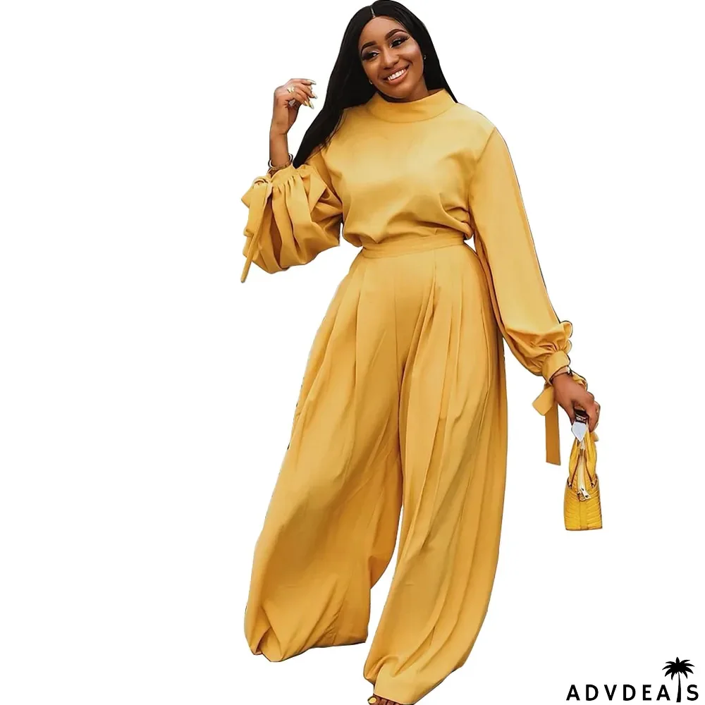 Autumn Solid Color Puff Sleeve Shirt and Loose Pants Set