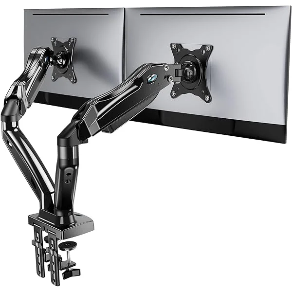 Dual Monitor Stand - Adjustable Spring Monitor Desk Mount Swivel Vesa Bracket with C Clamp, Grommet Mounting Base for 17 to 27 Inch Computer Screens - Each Arm Holds 4.4 to 14.3lbs