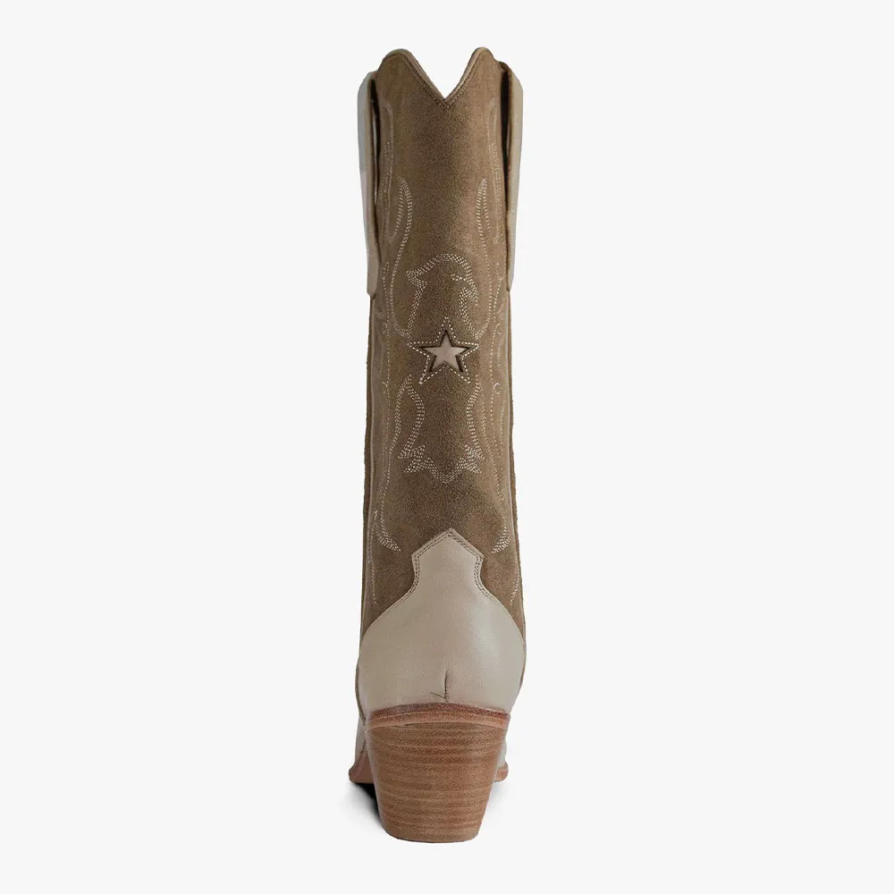 Taupe Block Heel Embroidered Knee High Snip Toe Cowboy Boots for Women